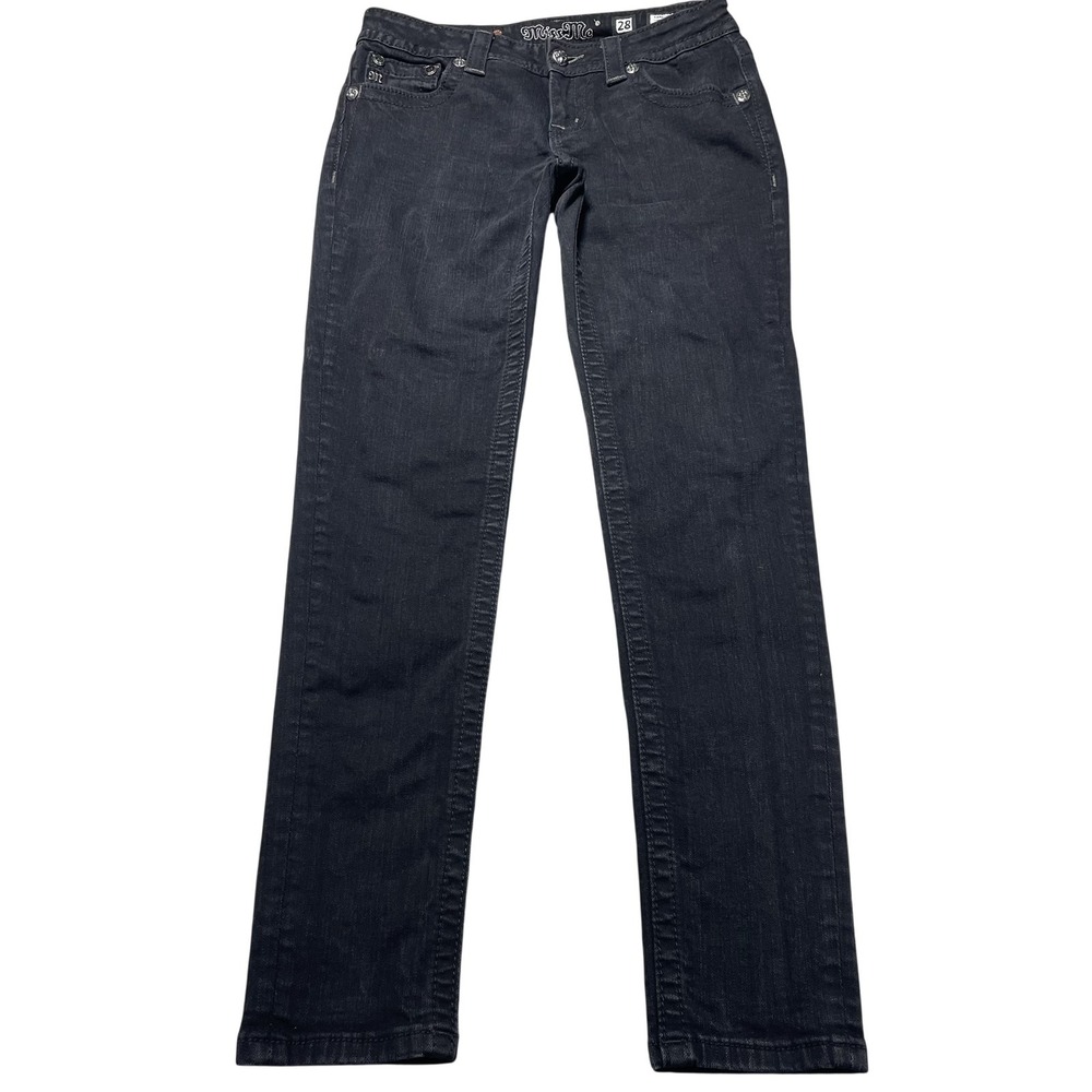 Miss Me Jeans Womens 28 Black Dark Wash Low Rise Skinny Distressed Stretch 28x31